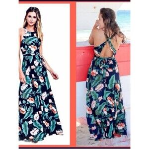 Lulu's Navy Tropical Floral Maxi Dress Crisscross Back Wedding Garden Party M